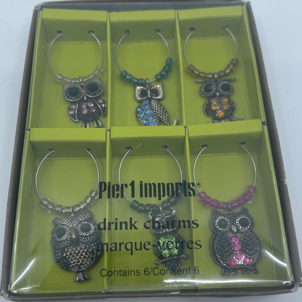 Pier 1 Imports Owl Drink Charms Wine Glass Markers Set of 6 Rhinestone